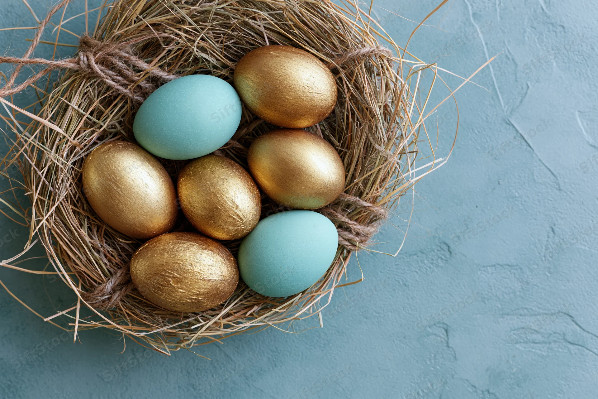 Golden and blue painted easter eggs arranged in a straw nest on a textured blue surface