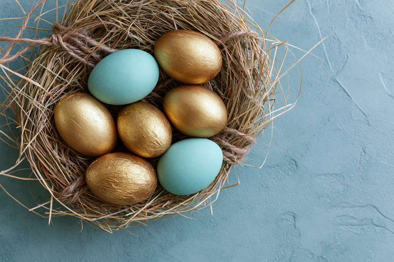 Golden and blue painted easter eggs arranged in a straw nest on a textured blue surface