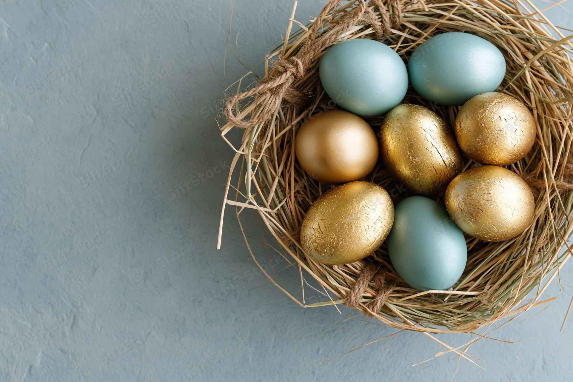 Golden and blue painted easter eggs arranged in a straw nest on a gray textured surface