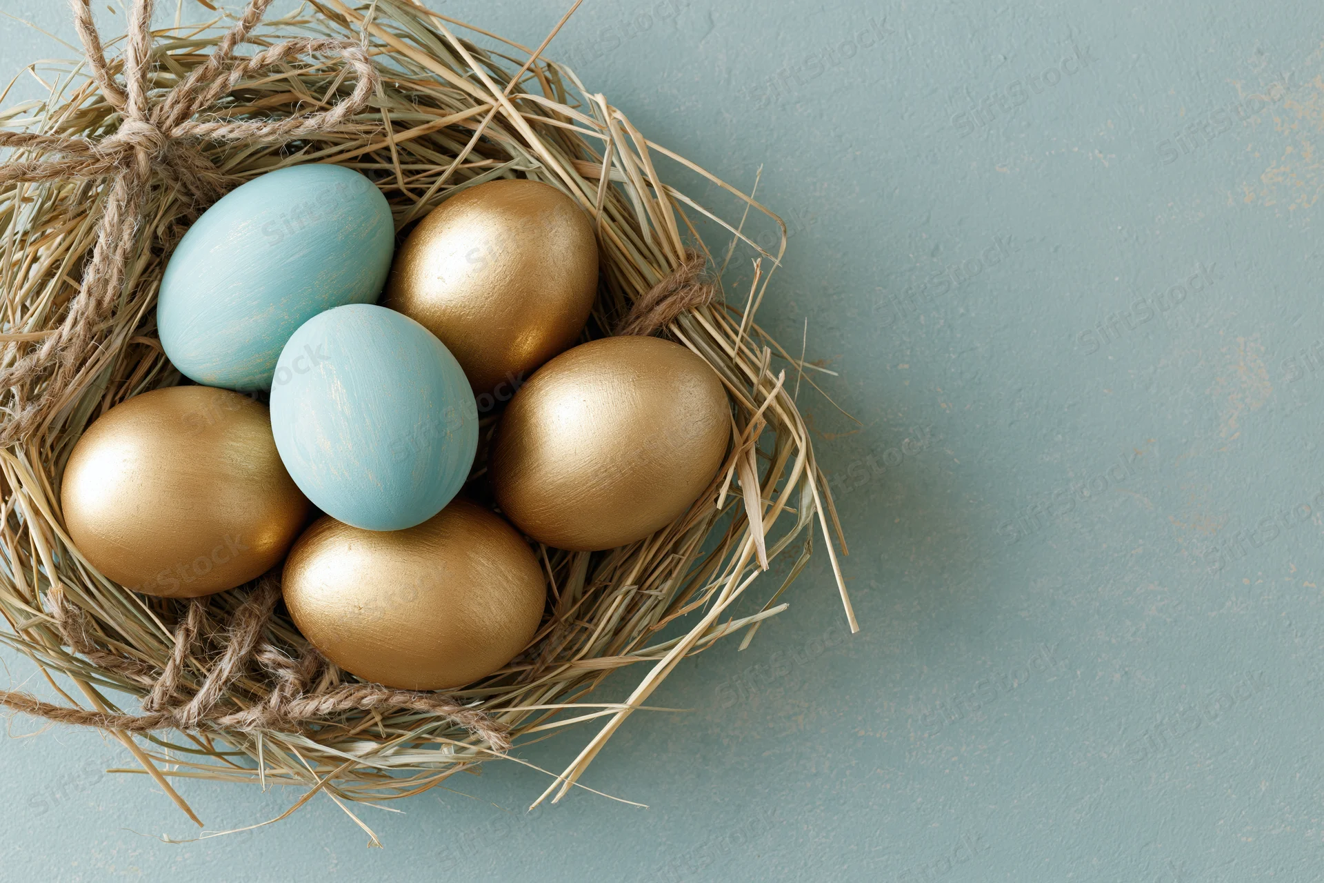 Golden and blue painted easter eggs in a straw nest on a mint surface