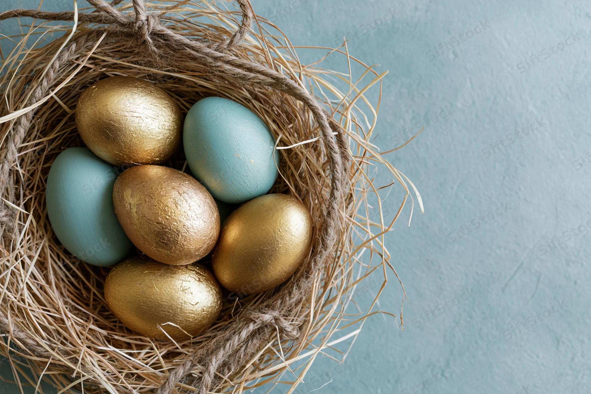 Golden and blue painted easter eggs in a straw nest on a mint-blue surface