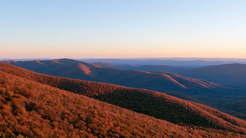 Panoramic view of autumn forested mountains from a high ridge at sunset