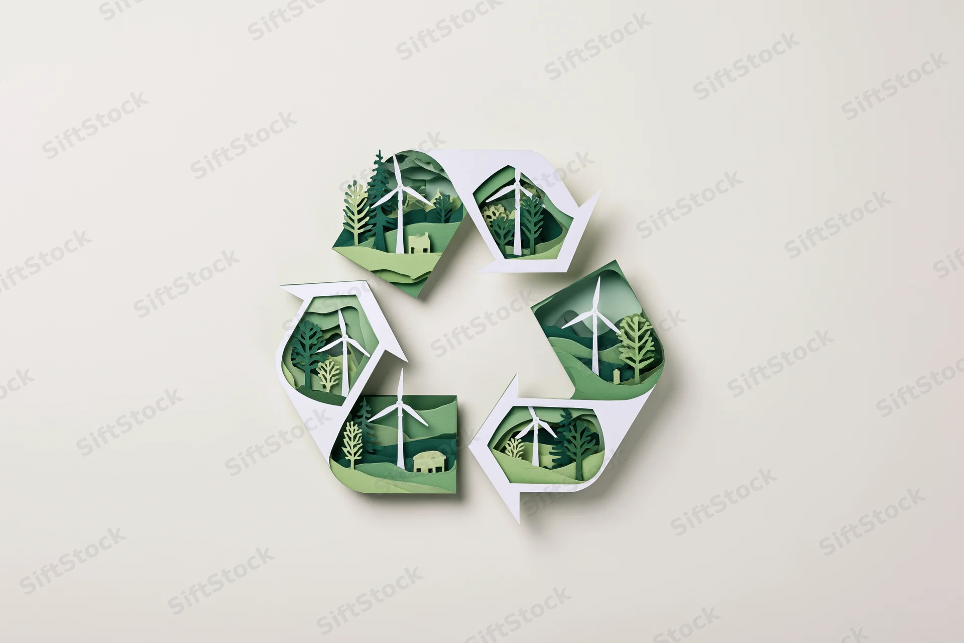 Paper cut art sculpture of recycling symbol with wind turbines and forest scenes inside each arrow