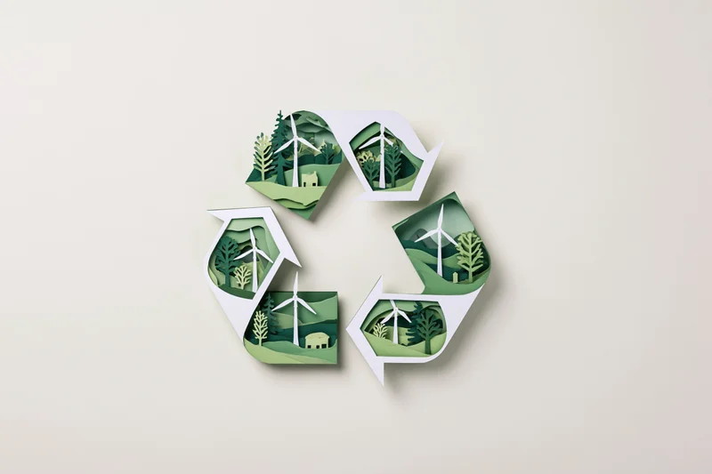 Paper cut art sculpture of recycling symbol with wind turbines and forest scenes inside each arrow
