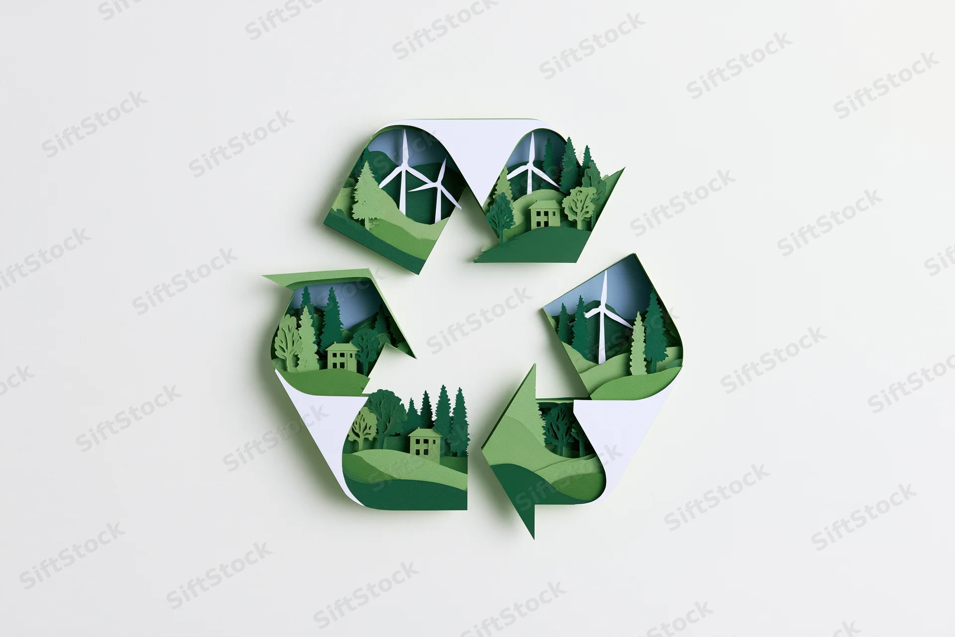 Paper cut art sculpture of recycling symbol with wind turbines and forest scenes inside each arrow on white background
