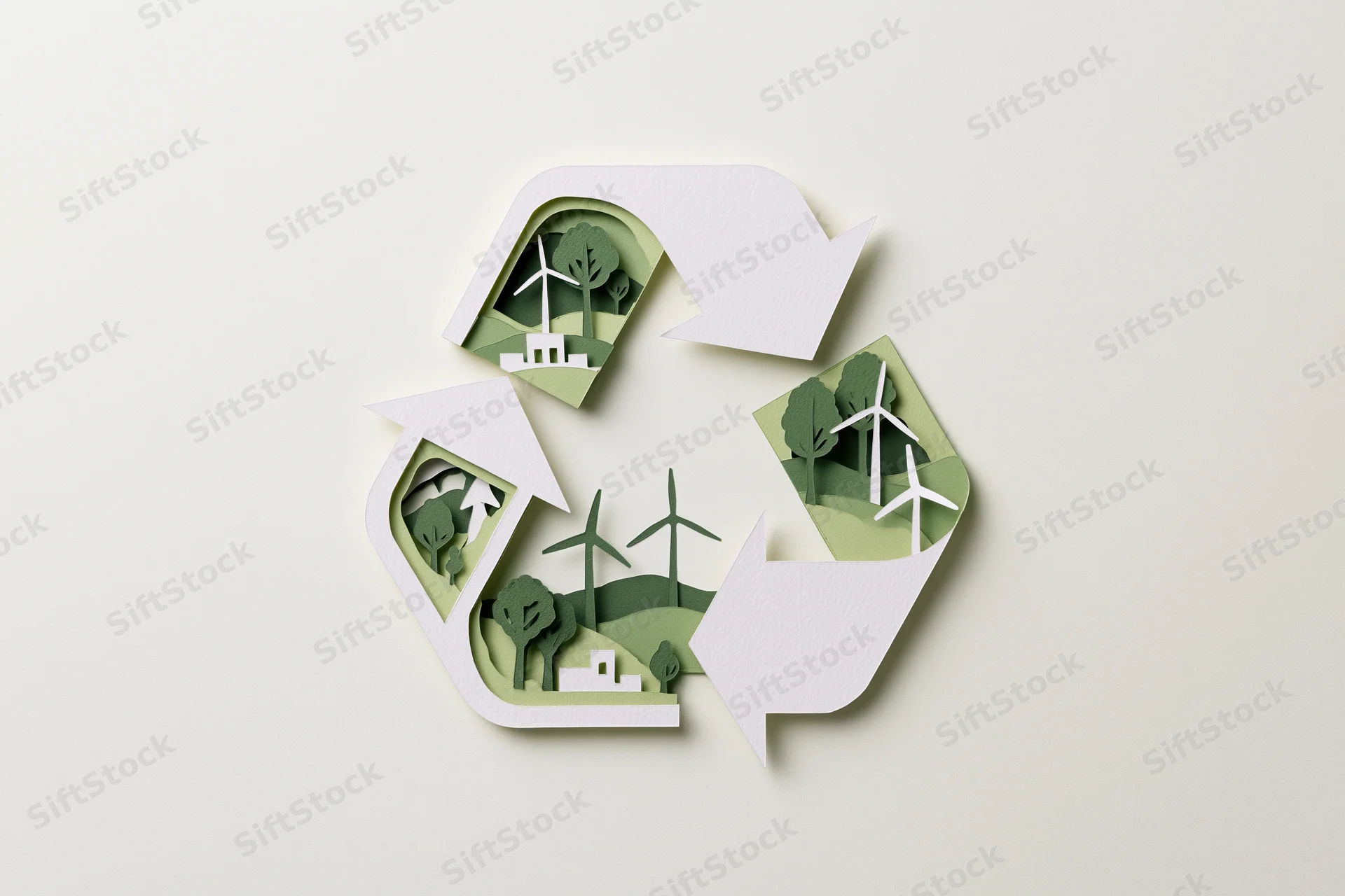Paper cut art sculpture of recycling symbol with wind turbines and trees inside each arrow, on light background
