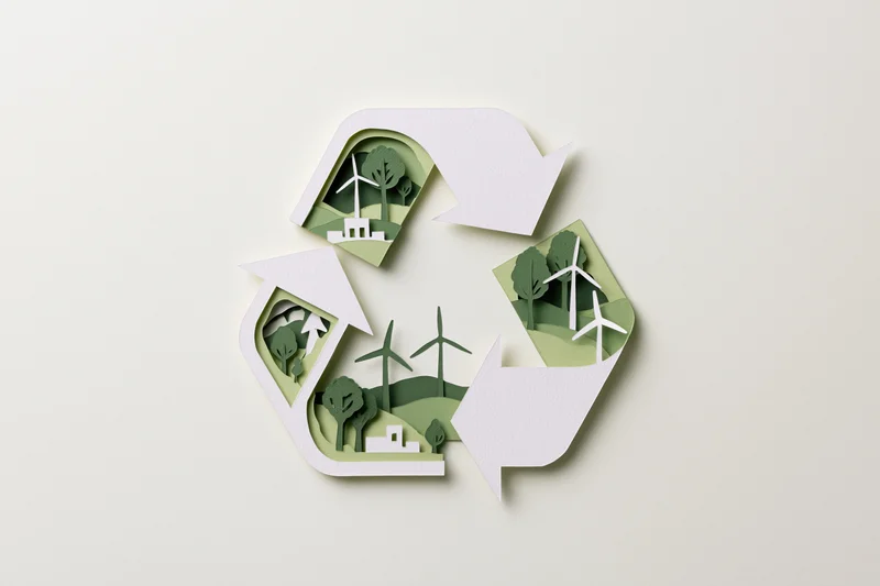 Paper cut art sculpture of recycling symbol with wind turbines and trees inside each arrow, on light background