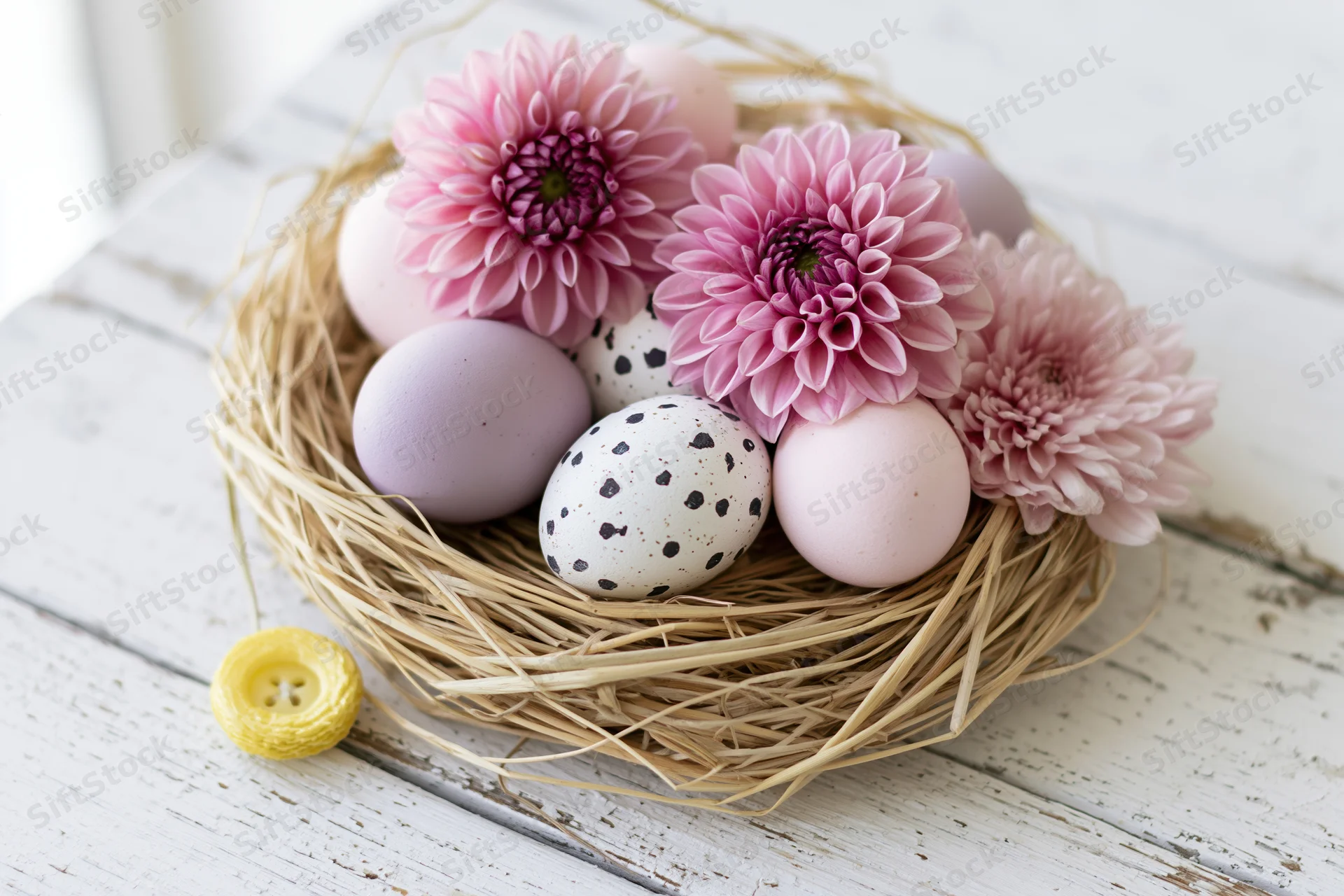 Pastel easter eggs and pink dahlia flowers in a woven straw nest on a white wooden table