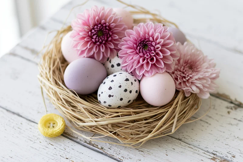 Pastel easter eggs and pink dahlia flowers in a woven straw nest on a white wooden table