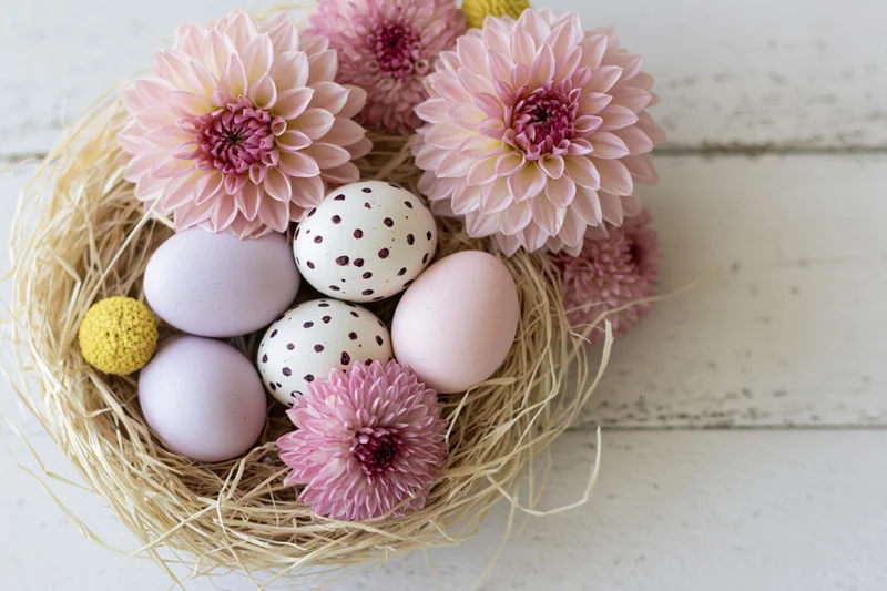 Pastel easter eggs and pink flowers arranged in a straw nest on a white wooden surface
