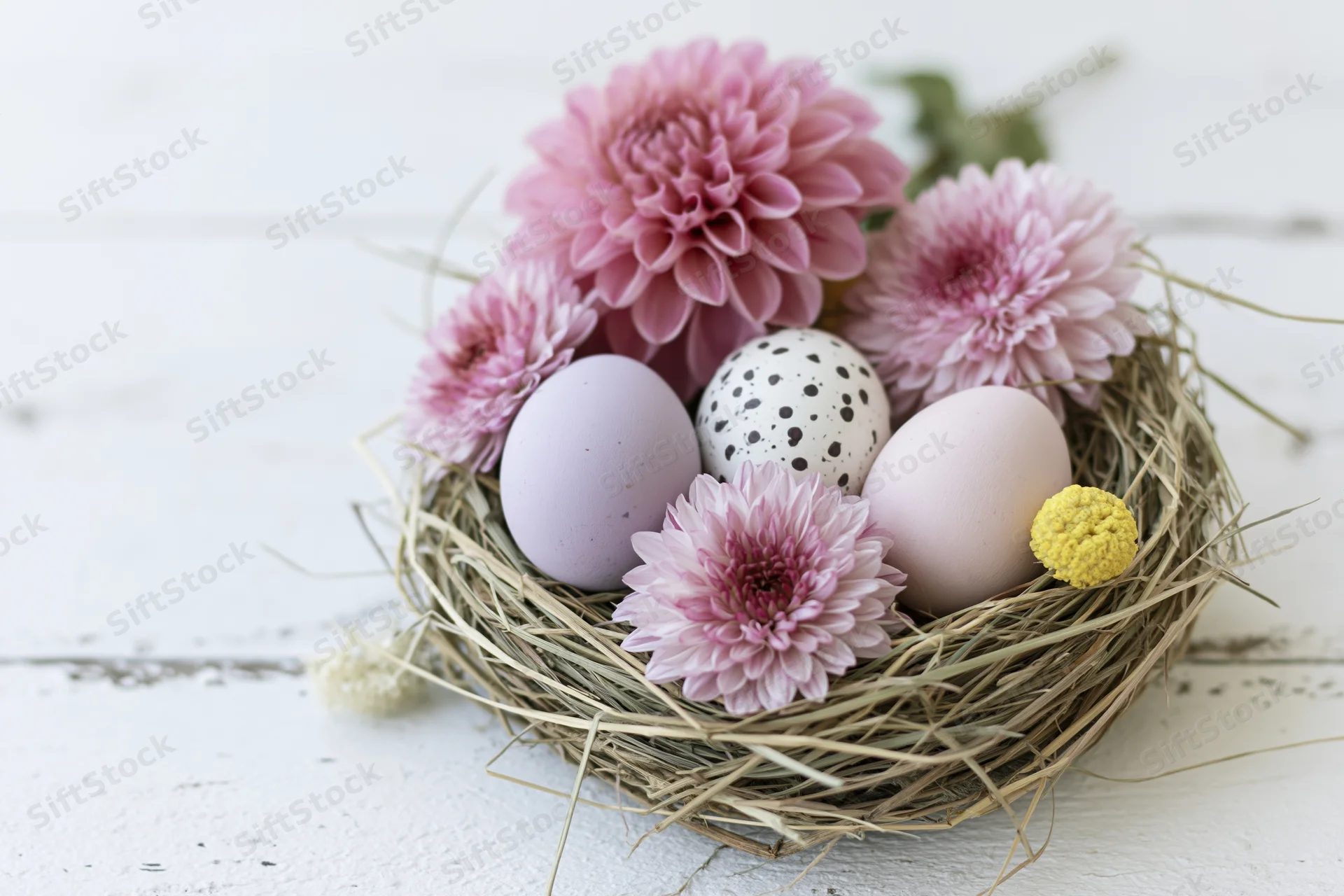 Pastel easter eggs and pink dahlia flowers in a woven straw nest on a white wooden surface