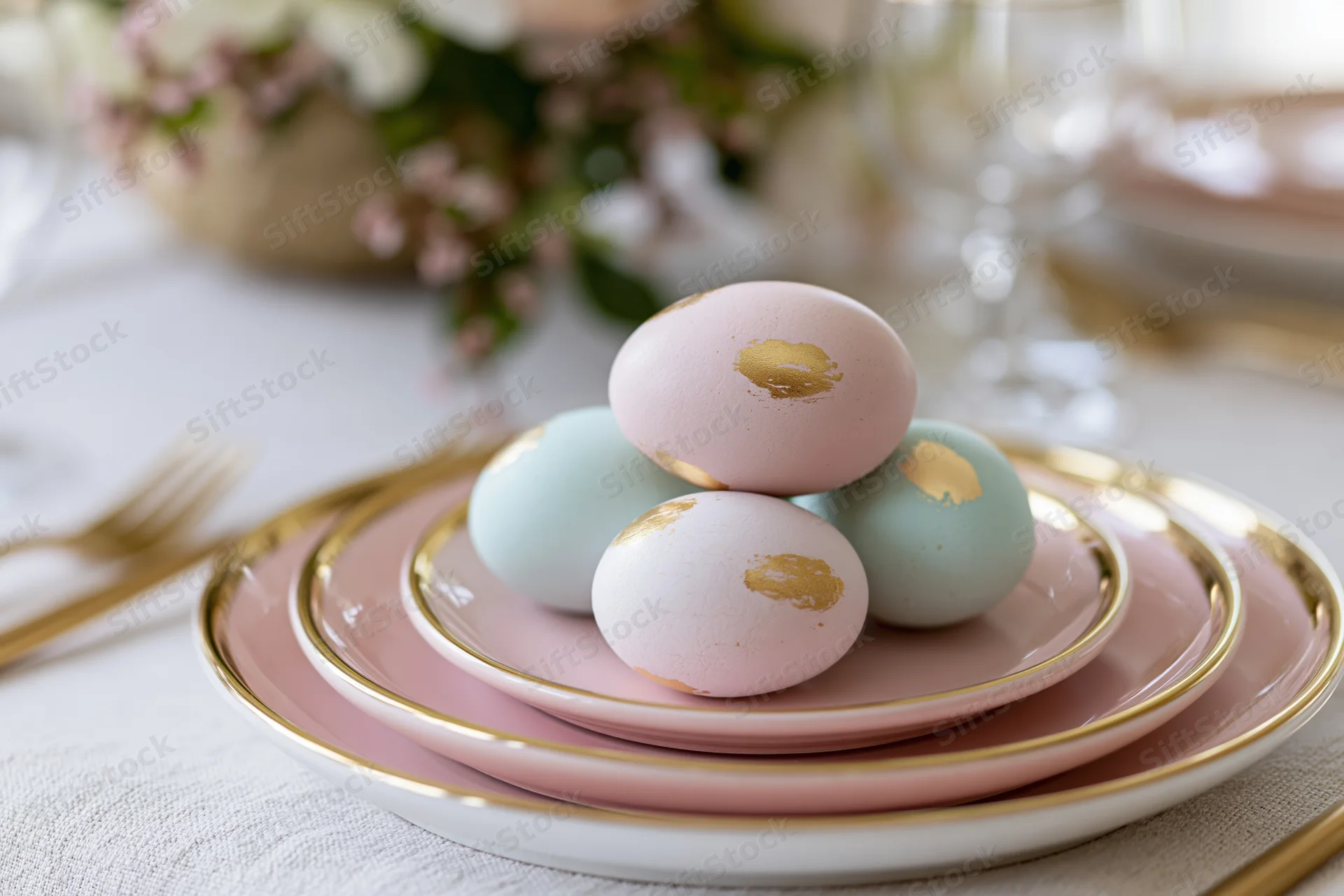Pastel easter eggs with gold foil accents stacked on layered plates at a spring table setting
