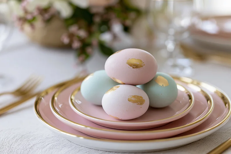 Pastel easter eggs with gold foil accents stacked on layered plates at a spring table setting