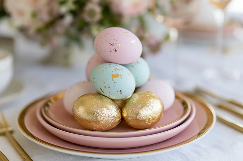 Pastel and gold foil easter eggs stacked on pink plates at a decorated dining table
