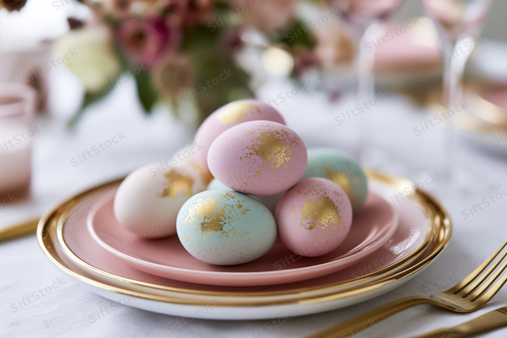 Pastel easter eggs with gold foil accents stacked on a pink plate at a spring dining table