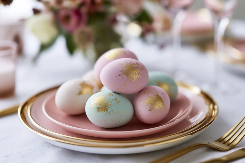Pastel easter eggs with gold foil accents stacked on a pink plate at a spring dining table