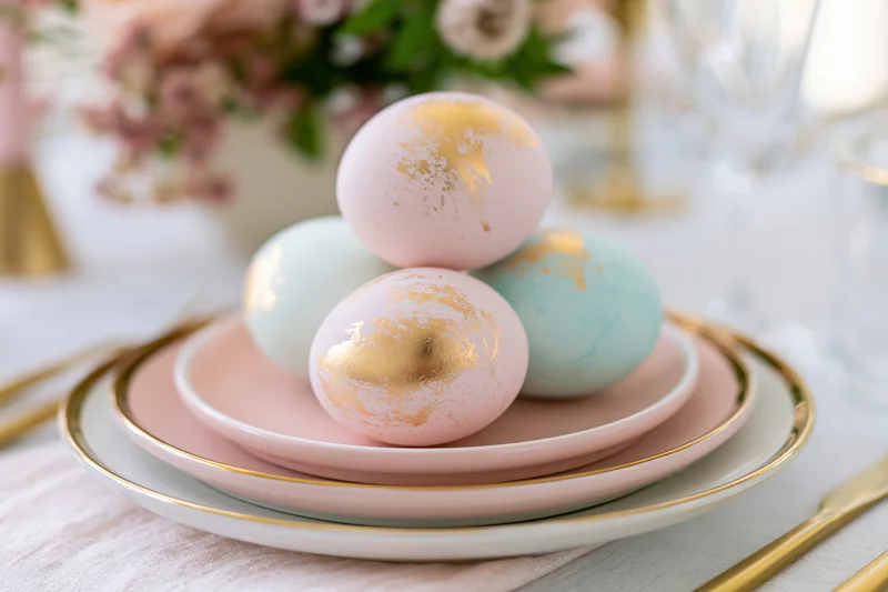 Pastel easter eggs with gold foil accents stacked on layered plates at a decorated dining table