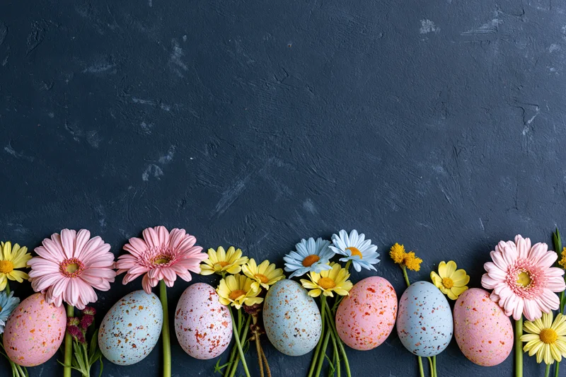 Pastel speckled easter eggs and spring daisies arranged in a row along a dark textured surface with copyspace above