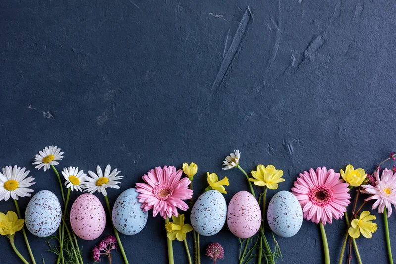 Pastel speckled easter eggs and spring flowers arranged in a row along the bottom of a dark textured surface