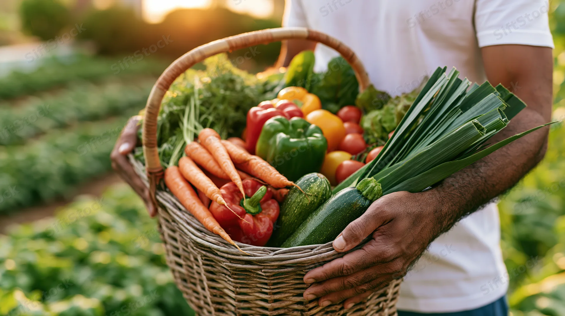 Man holding a wicker basket full of fresh vegetables in a garden at sunset