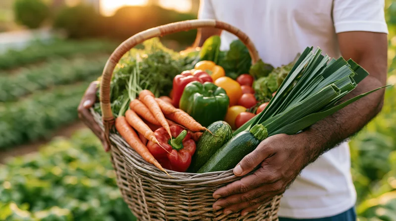 Man holding a wicker basket full of fresh vegetables in a garden at sunset