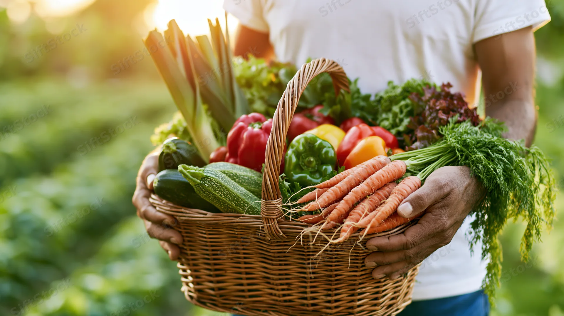 Man holding a wicker basket overflowing with fresh vegetables in a garden
