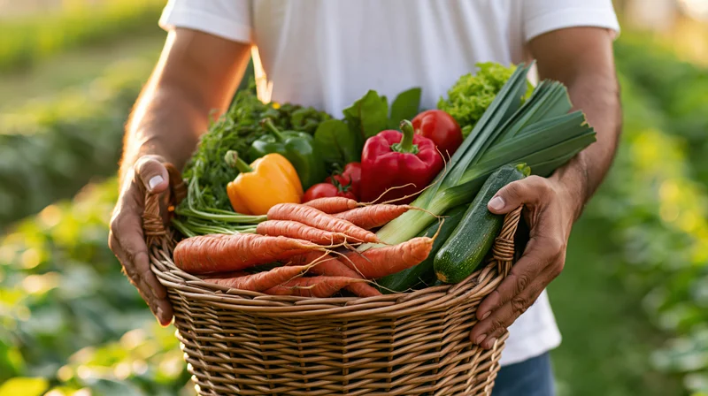 Farmer holding a wicker basket overflowing with fresh vegetables in a garden