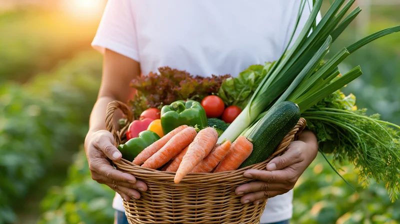 Woman holding a wicker basket full of fresh vegetables in a garden at sunset