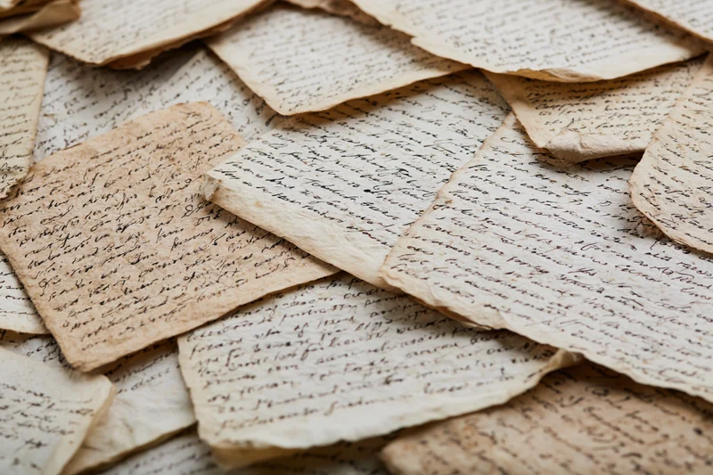 Scattered aged handwritten manuscript pages overlapping in a pile