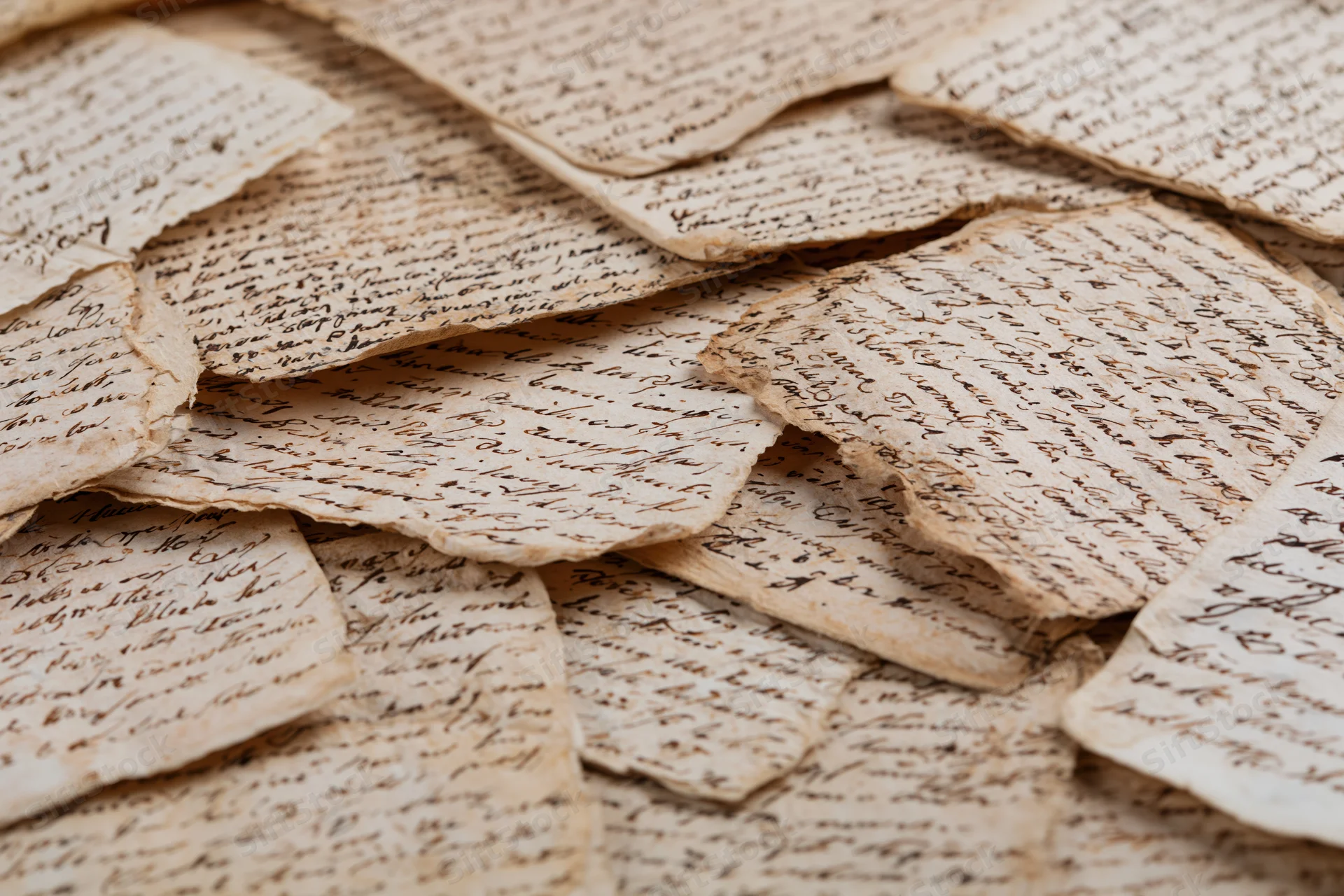 Pile of aged handwritten manuscript pages scattered and overlapping