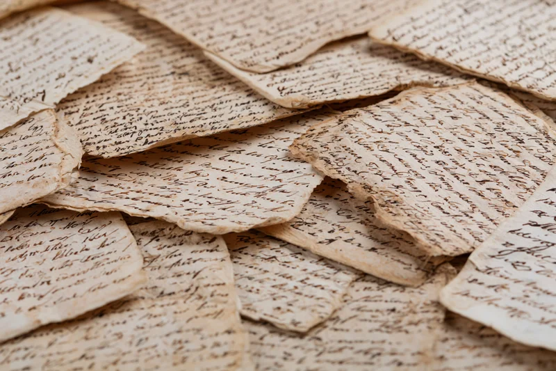 Pile of aged handwritten manuscript pages scattered and overlapping