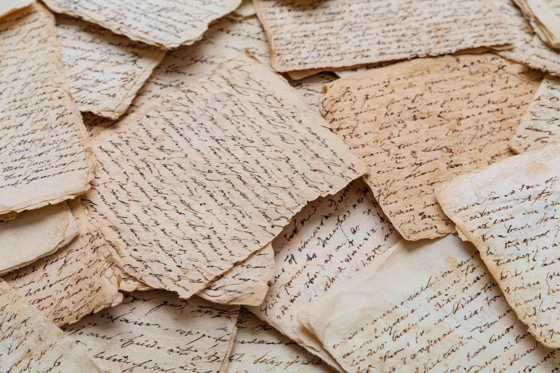 Scattered aged handwritten manuscript pages piled together
