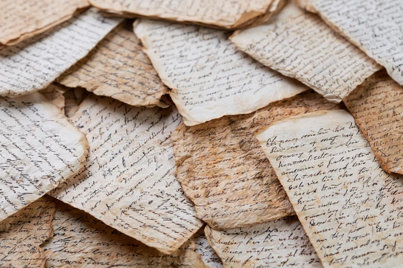 Scattered aged handwritten manuscript pages piled together