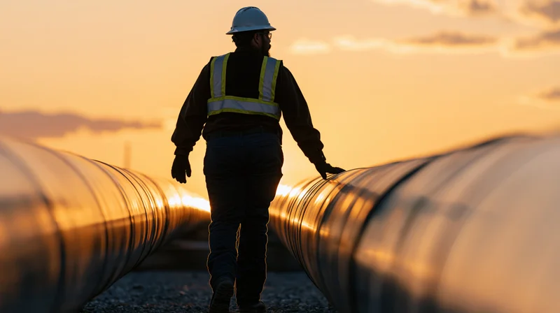 Worker in hardhat and reflective vest walking between pipelines at sunset