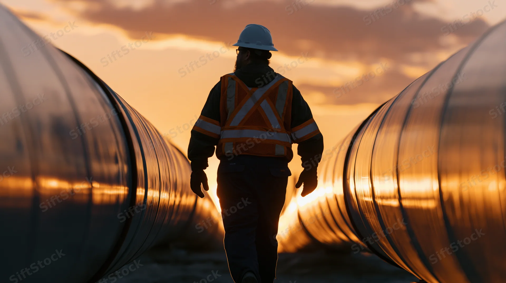 Worker in safety gear walking between large pipelines at sunset