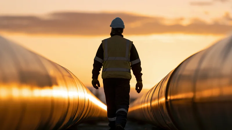 Worker in reflective vest and hardhat walking between large pipelines at sunset