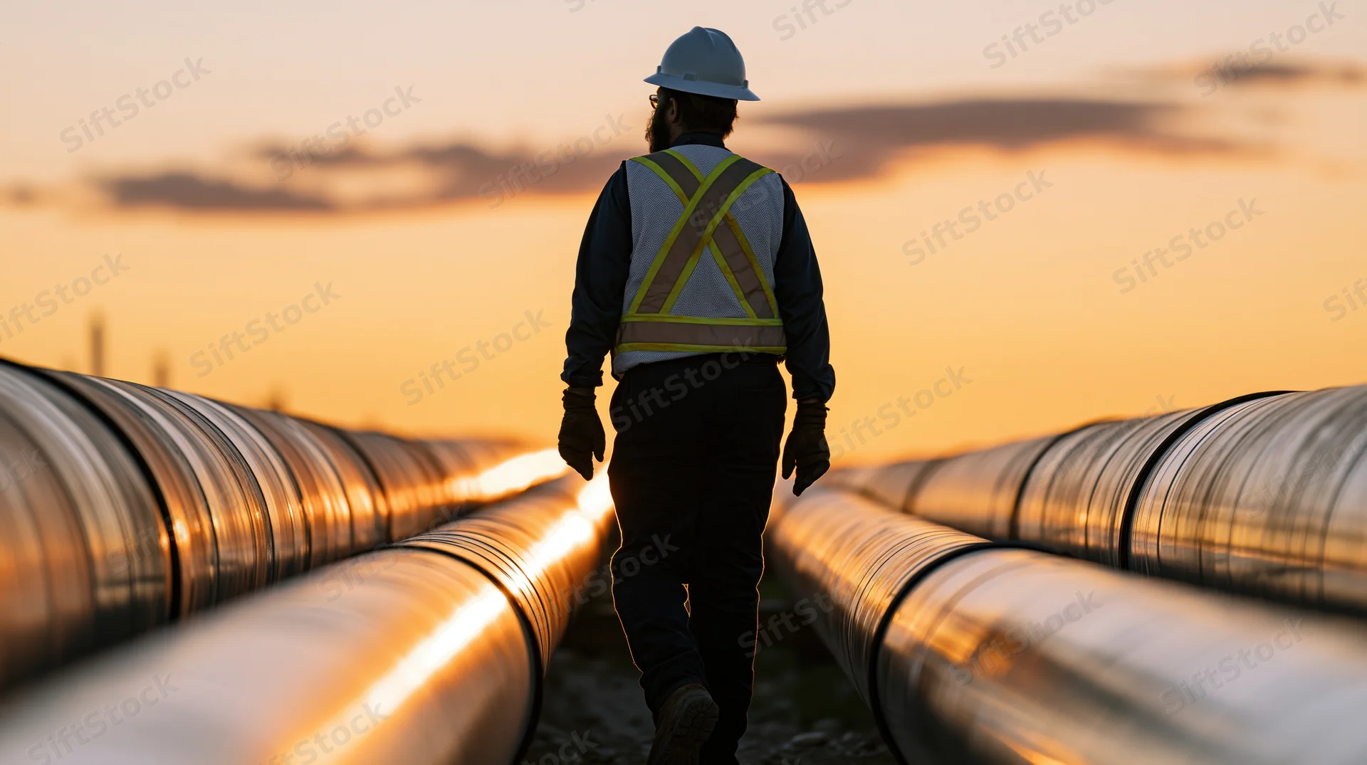 Worker in safety gear walking between pipelines at sunset