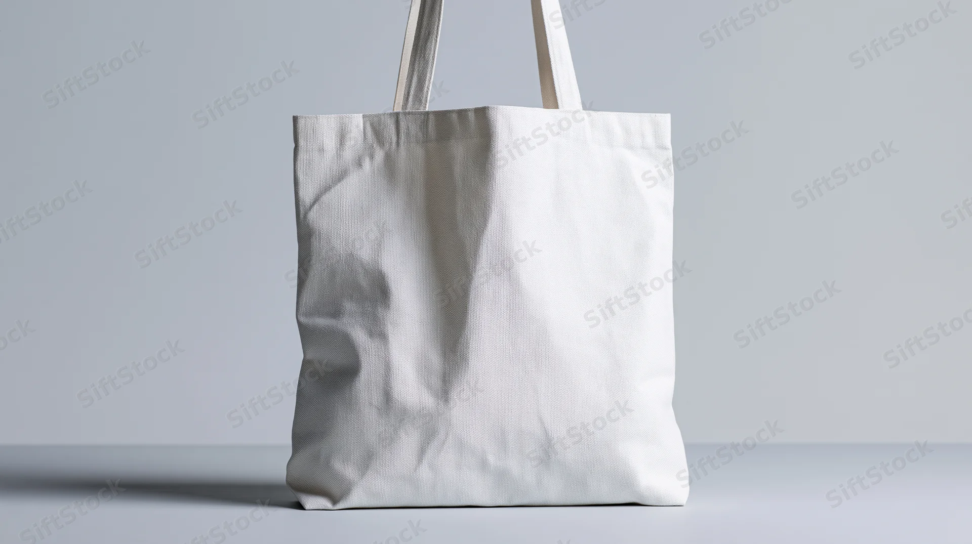 Plain white canvas tote bag standing upright on a neutral surface