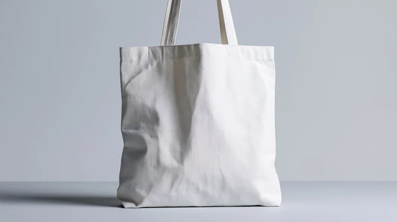 Plain white canvas tote bag standing upright on a neutral surface