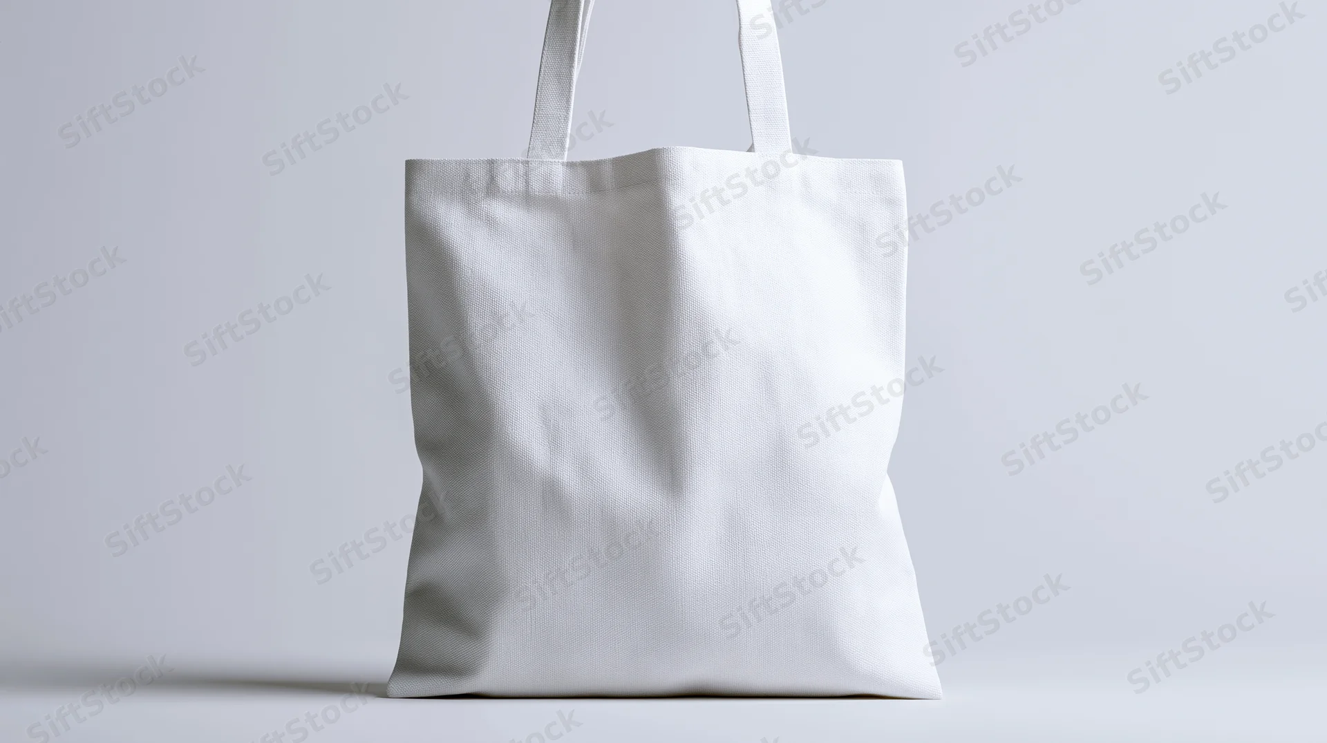 Plain white canvas tote bag standing upright on a neutral surface