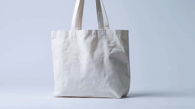 Plain white canvas tote bag standing upright on a light surface