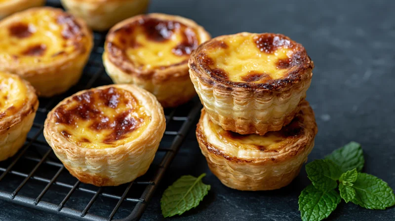 Pastel de nata egg tarts stacked and cooling on a dark wire rack with mint leaves on slate surface