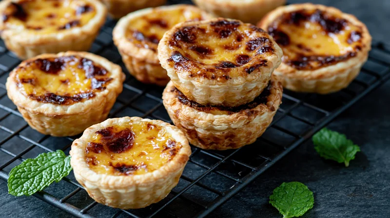 Pastel de nata egg tarts stacked and arranged on a black wire cooling rack with mint leaves on slate surface