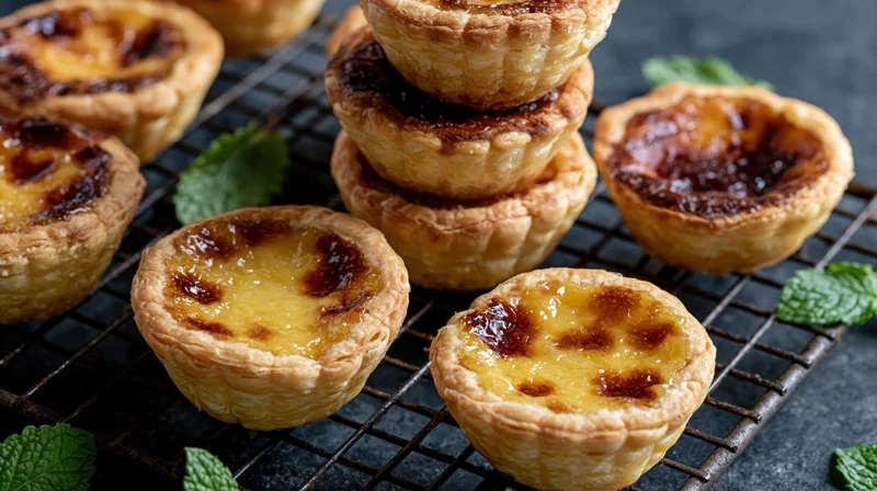 Portuguese egg tarts with caramelized custard filling arranged on a dark wire cooling rack with mint leaves