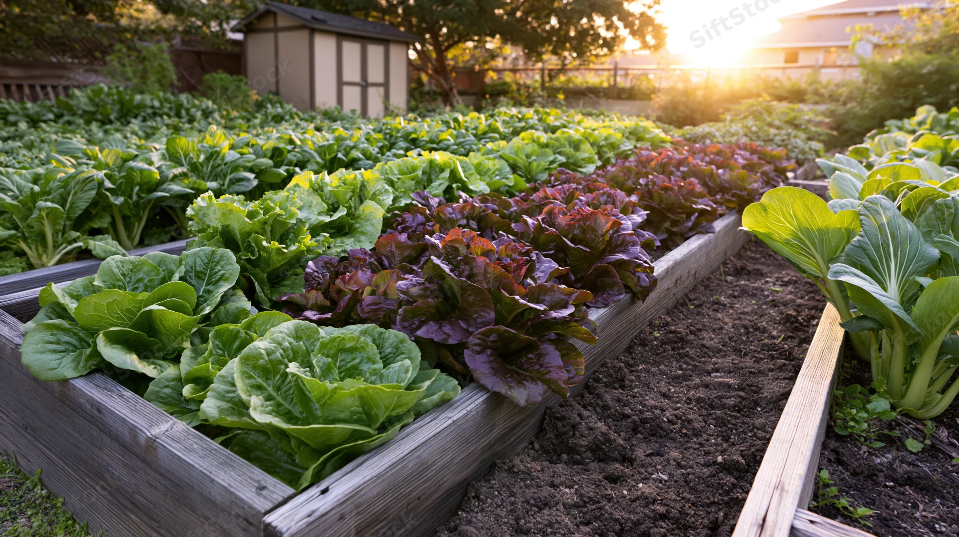 Rows of green and red lettuce growing in wooden raised garden beds at sunset