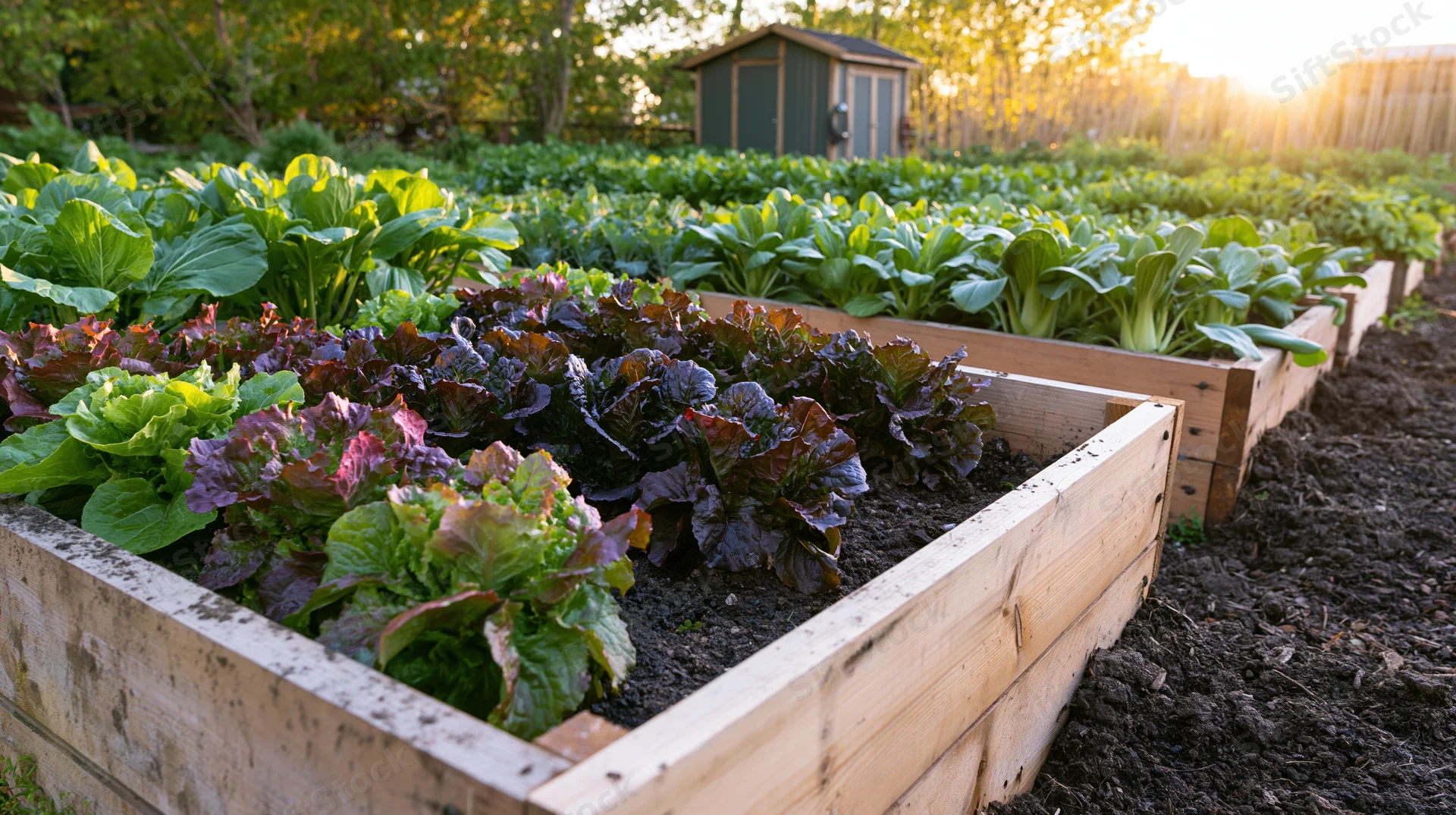 Rows of lettuce growing in wooden raised garden beds outdoors