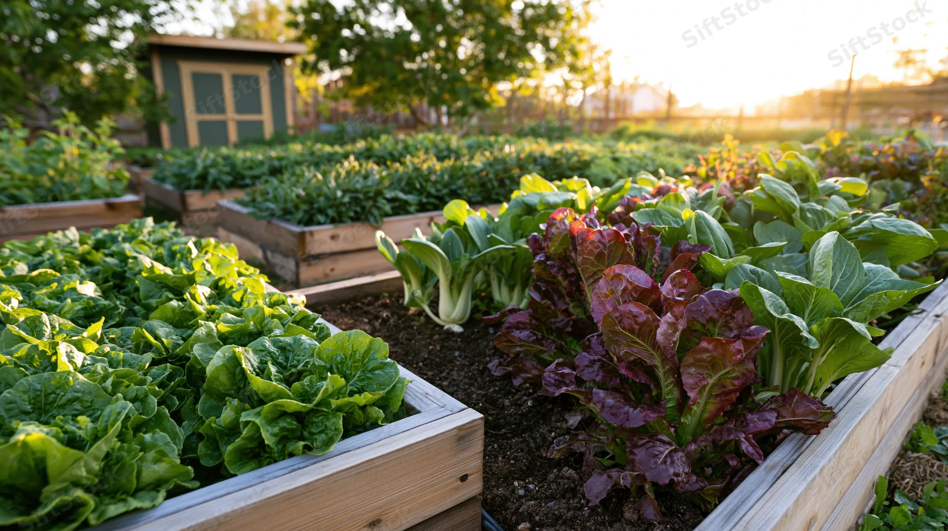 Rows of lettuce growing in raised wooden garden beds outdoors at sunset