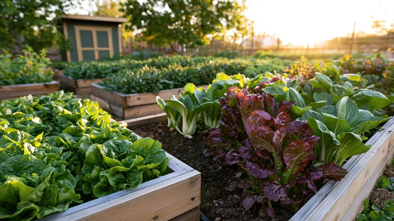 Rows of lettuce growing in raised wooden garden beds outdoors at sunset