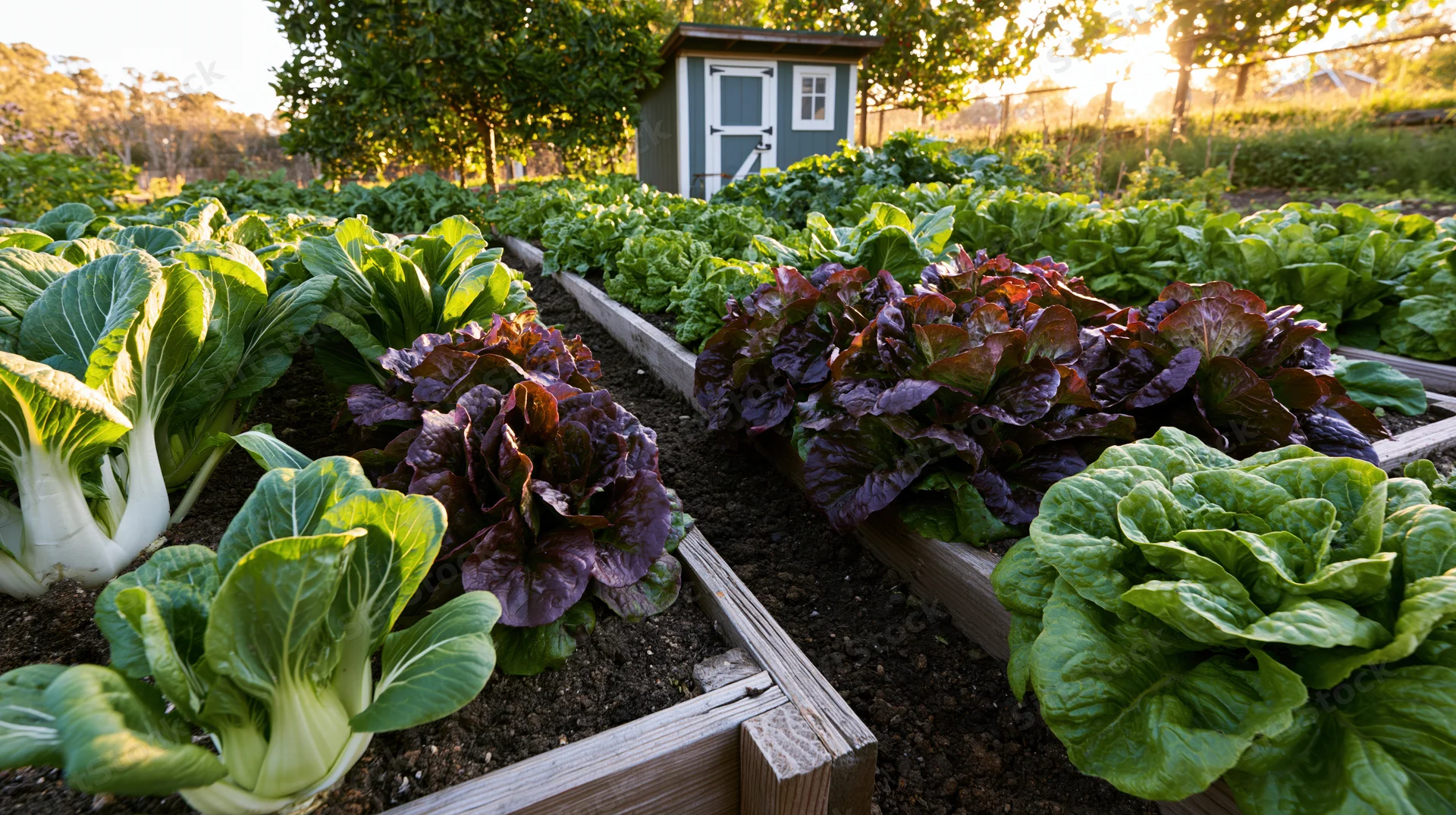 Rows of lettuce growing in raised wooden garden beds outdoors