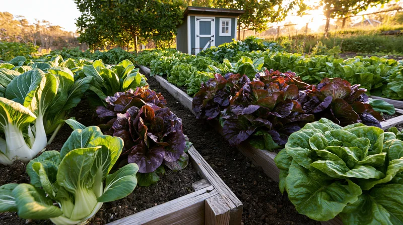 Rows of lettuce growing in raised wooden garden beds outdoors
